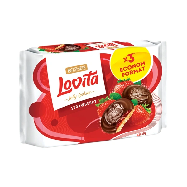 BISCUITI LOVITA CĂPȘUNI CIOCOLATĂ ȘI JELEU AROMAT ROSHEN 420 GR