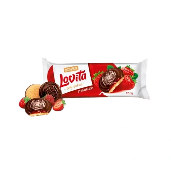BISCUITI LOVITA CU CIOCOLATA SI JELEU DE CAPSUNI ROSHEN