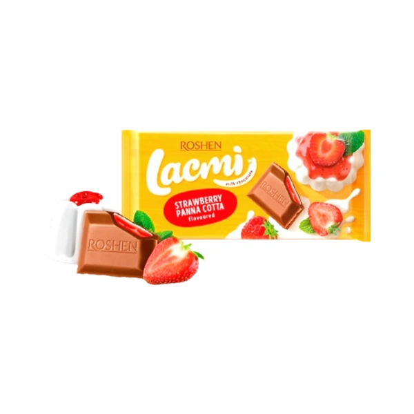 CIOCOLATĂ CU LAPTE PANNA COTTA ȘI CĂPȘUNI LACMI 90 GR