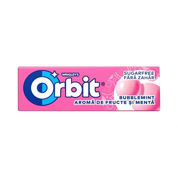 GUMA DE MESTECAT ORBIT BUBBLEMINT CU AROME DE FRUCTE SI MENTA 30 SETURI 14 GR