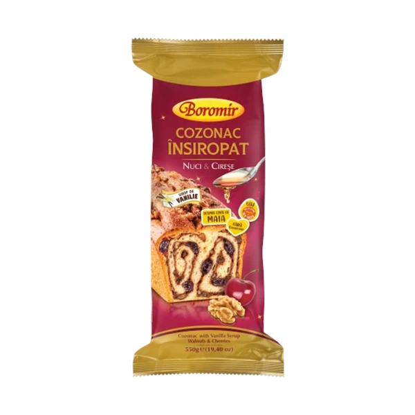 COZONAC INSIROPAT CU SIROP DE VANILIE CREMA CU NUCI SI CIRESE BOROMIR 550 GR