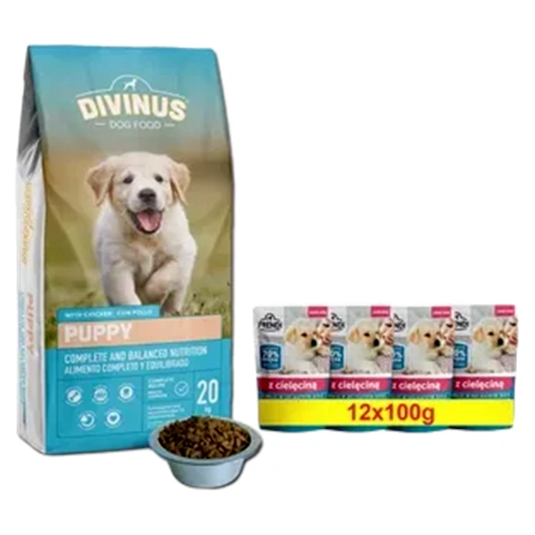 HRANA DIVINUS PUPPY PENTRU CATEI 20 KG FRENDI JUNIOR BUCATELE IN SOS DELICAT CU CARNE DE VITEL 12X100 GR